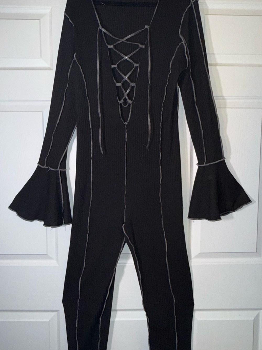 Curvy Size Ribbed Black Tie-Up Jumpsuit with Flared Cuffs